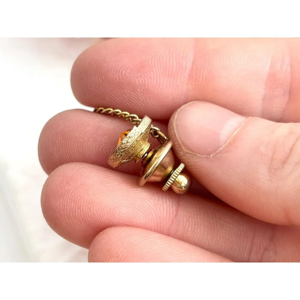 Ombre Orange & Red Rhinestone Gold Toned Vintage Men's Tie Tack